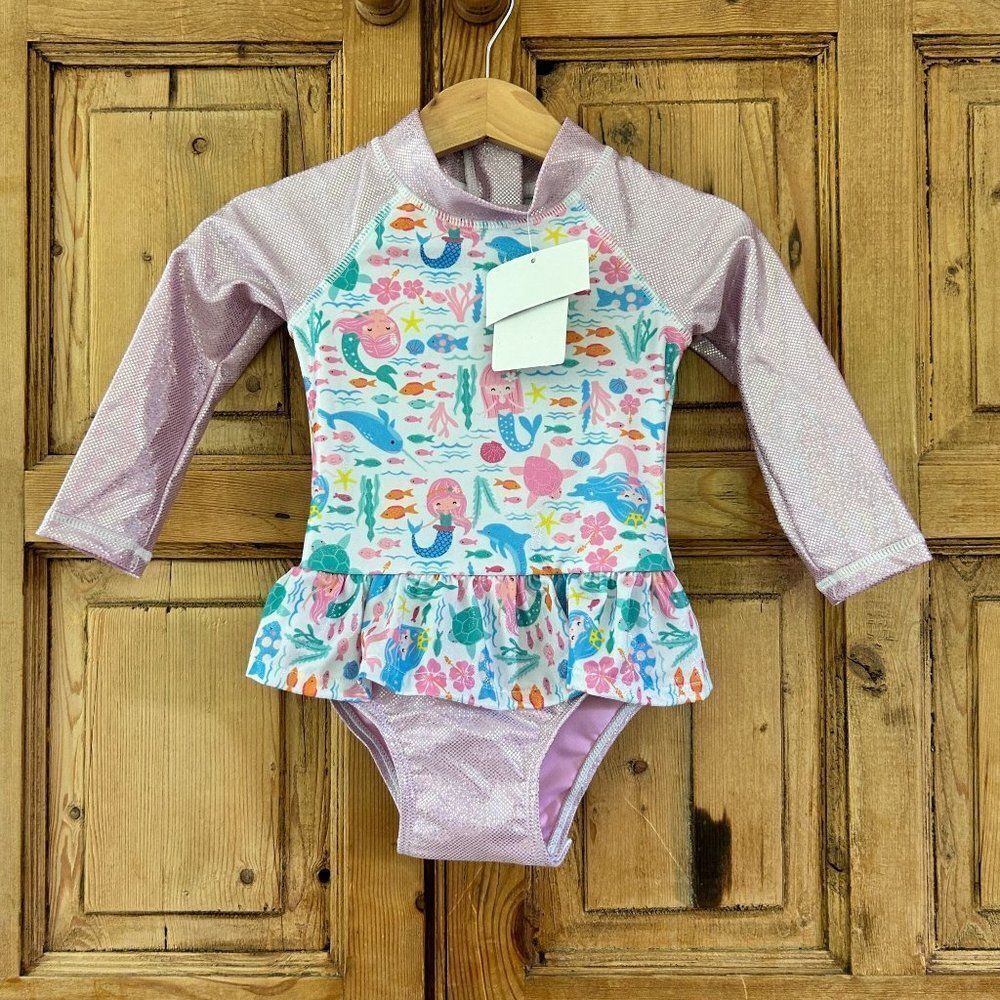 NWT FlapHappy 18M‎ UPF 50+ Rashguard Swimsuit Mermaid Fish Glitter Pink Baby